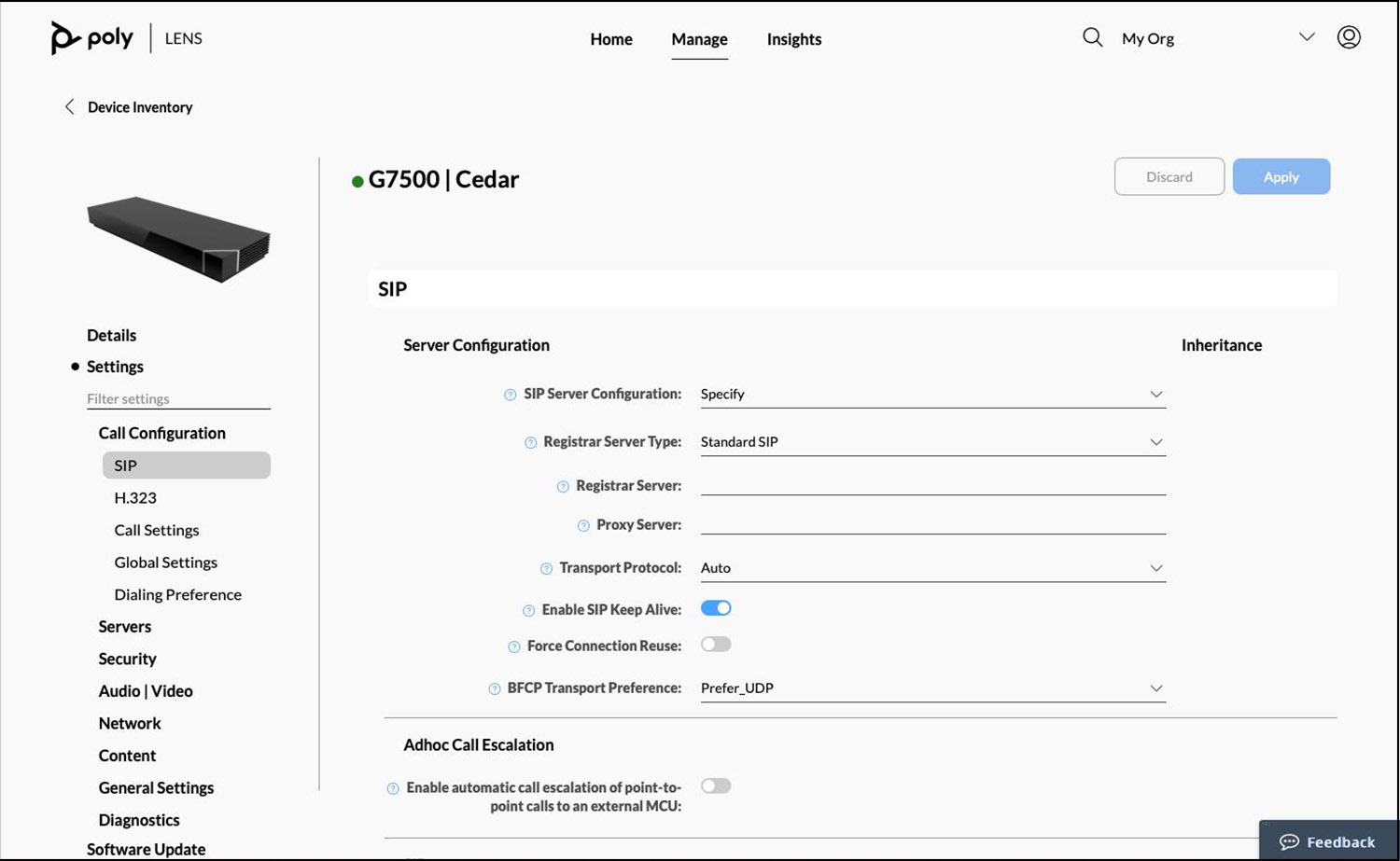 Poly Lens Device Inventory Settings page